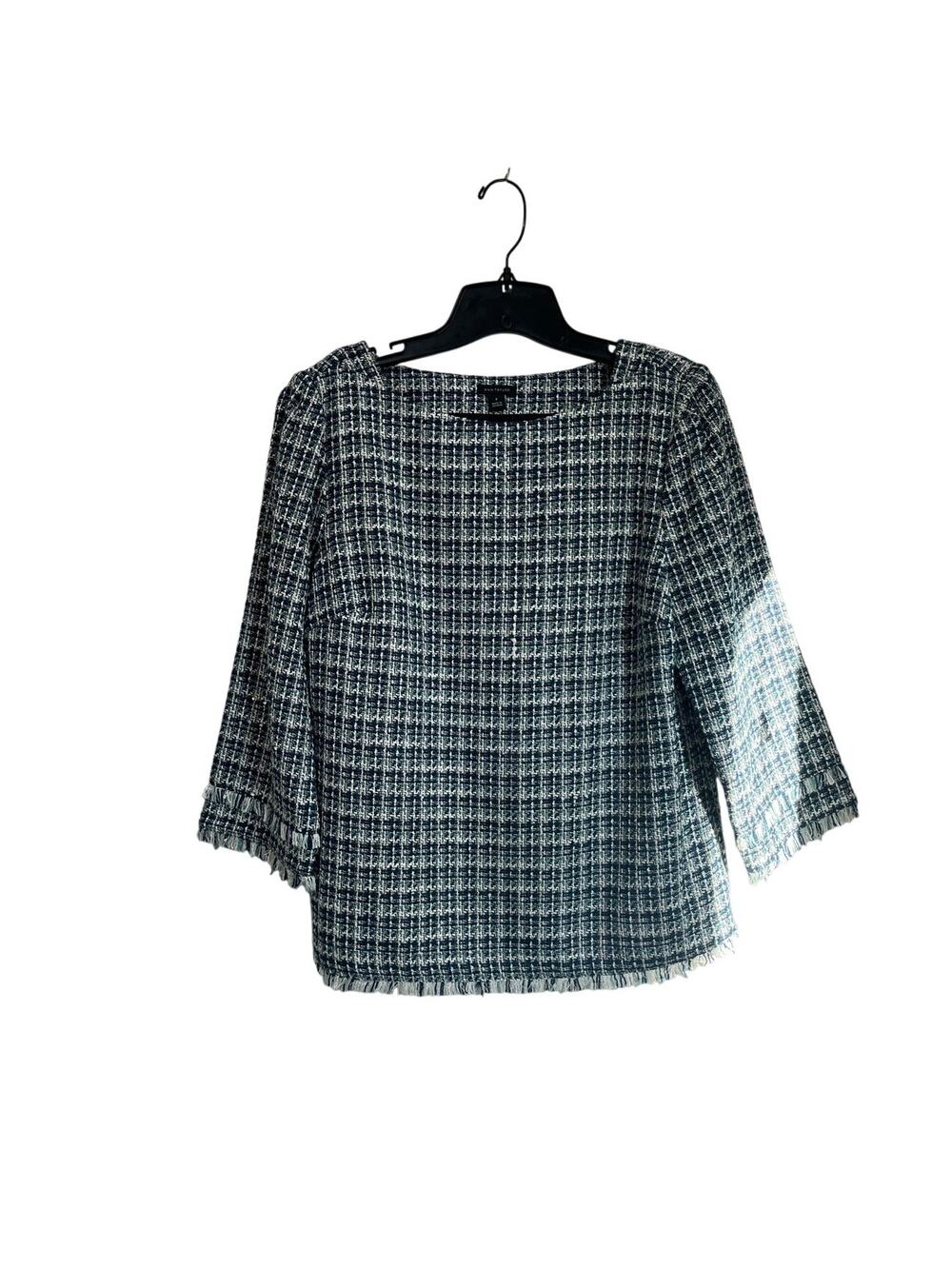 Ann Taylor Blue White Tweed Top Fringe‎ Trim Textured Blouse Chic Size 8